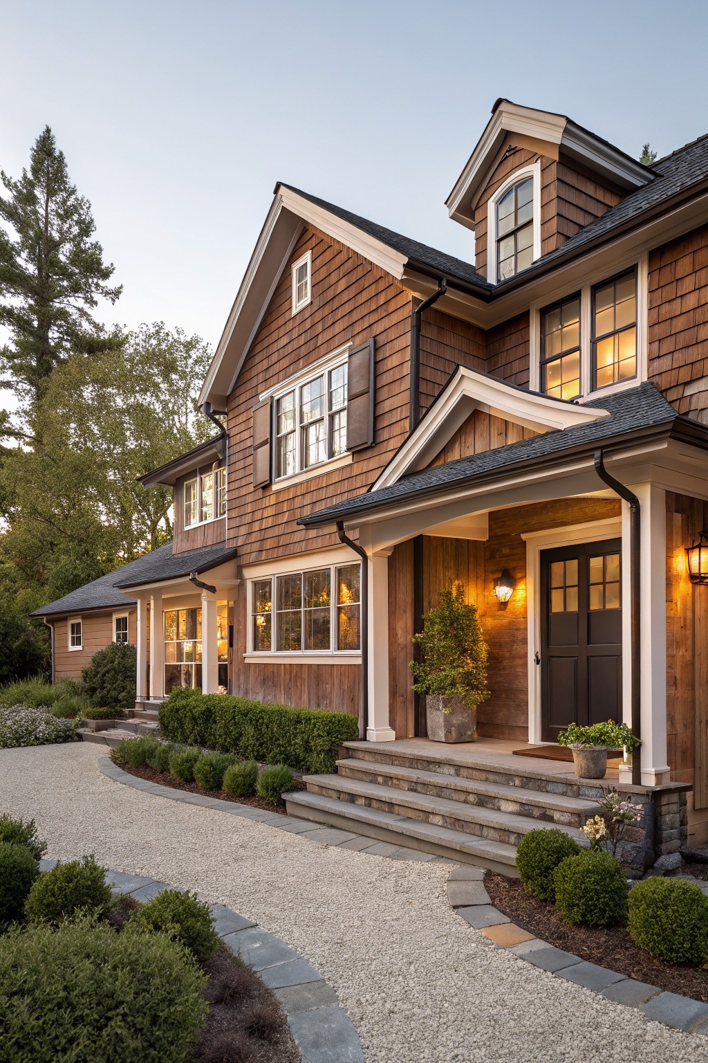 Two-story house exterior with warm brown shingle siding, white trim on multi-pane windows, covered front porch with black double doors, stone steps, gravel pathway edged in stone, and low boxwood shrubs.