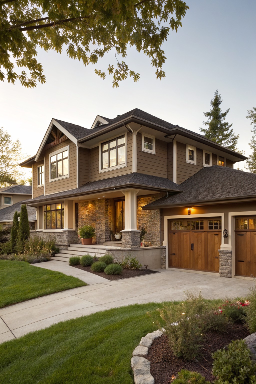 Two-story house with warm brown siding, stone entry accents, wooden garage doors, front steps, and landscaped yard with grass and shrubs at dusk.