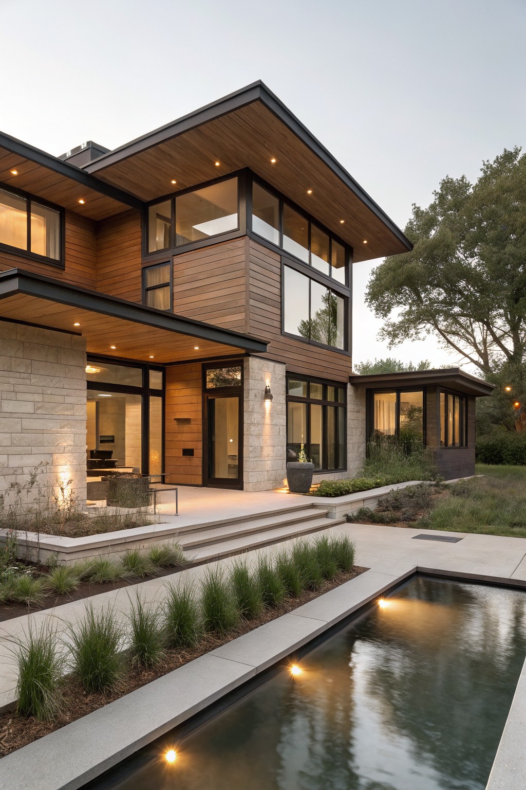 Side view of a modern house with brown wood siding and ceiling panels, light stone lower walls, large windows, glass entry door, steps to patio, grasses, plants, and a lit reflecting pool.