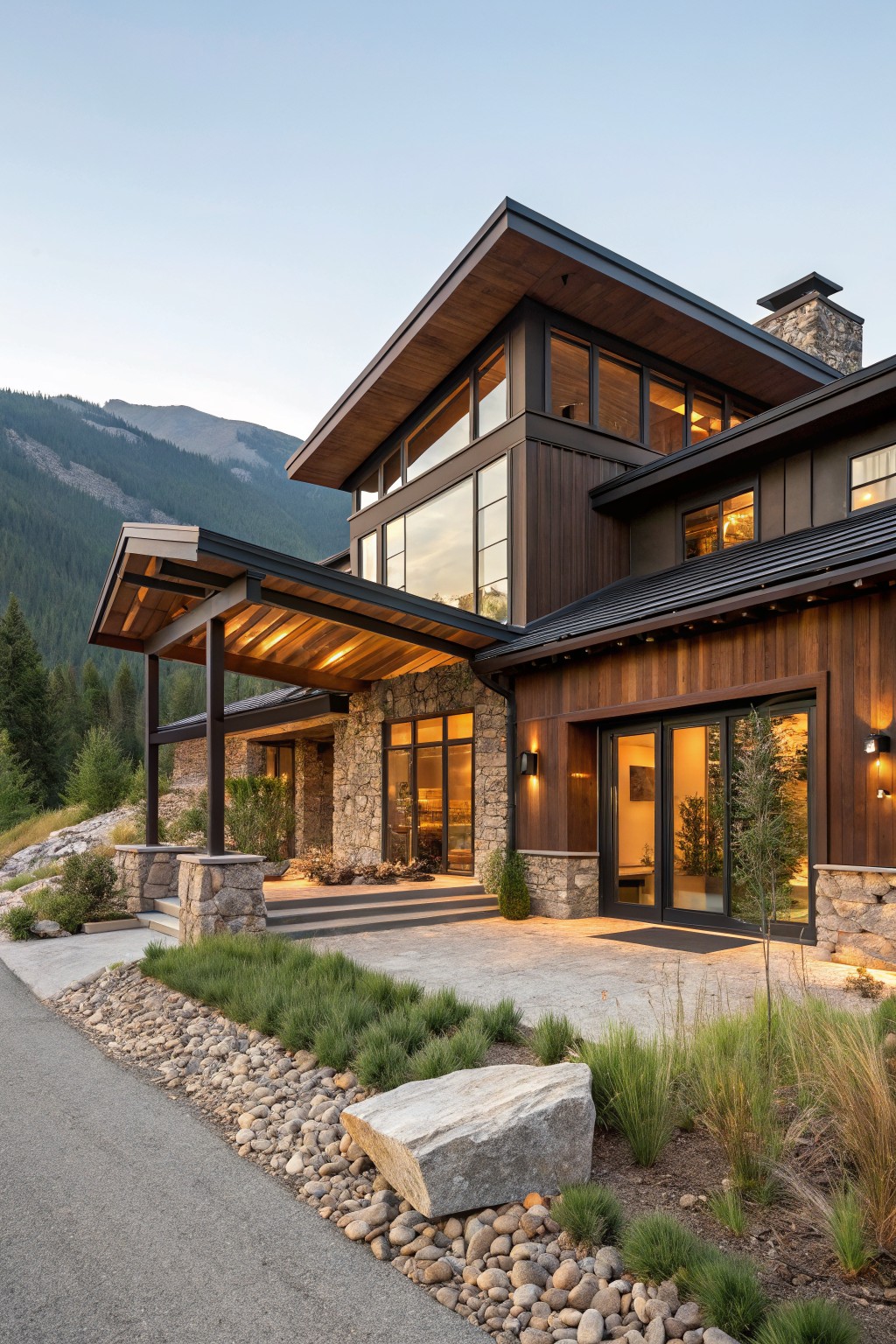 Multi-level modern house exterior with dark brown vertical wood siding, stone pillars and accents, large glass windows, covered wooden entry porch, and gravel landscaping along a driveway with mountains in the background.
