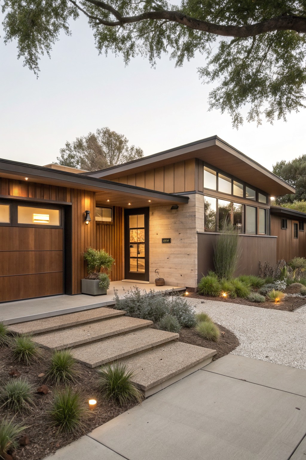 Modern single-story house exterior featuring vertical brown wood siding, wooden garage door, glass entry door with stone accent, concrete steps, gravel path, drought-tolerant plants, and path lighting beside a driveway at dusk.