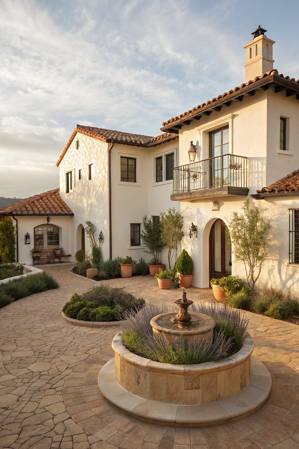 White stucco house with red tile roof, arched wooden entry door, second-story balcony, and a central circular stone fountain planted with lavender in a paved courtyard with potted plants, olive trees, and gravel paths.