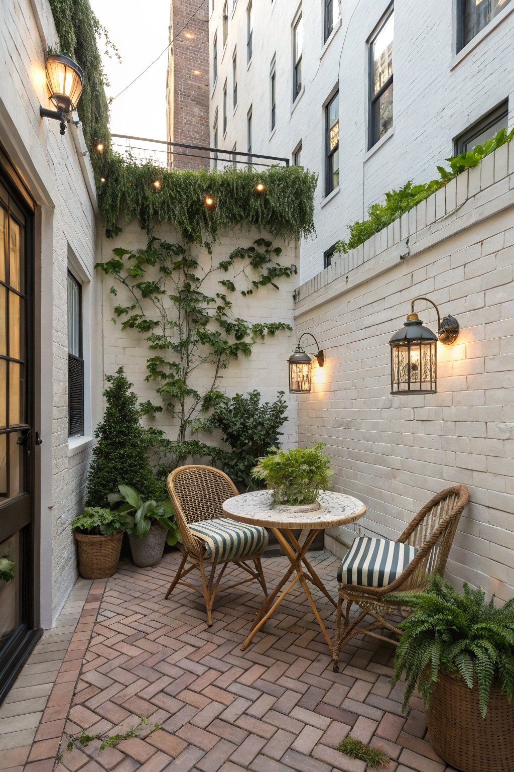 Narrow courtyard between white brick buildings featuring climbing vines, potted plants, a round table with two rattan chairs on brick pavers, and wall-mounted lanterns with string lights overhead.