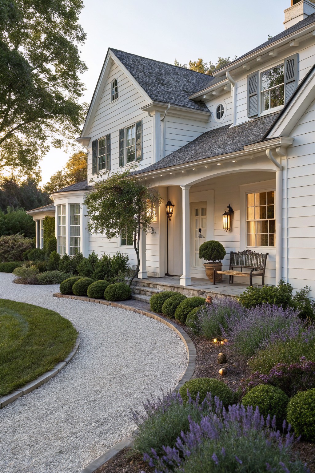 White clapboard house with wraparound porch and steps, approached by curved gravel path edged with spherical boxwood shrubs and lavender plants, lawn and trees in background at dusk.