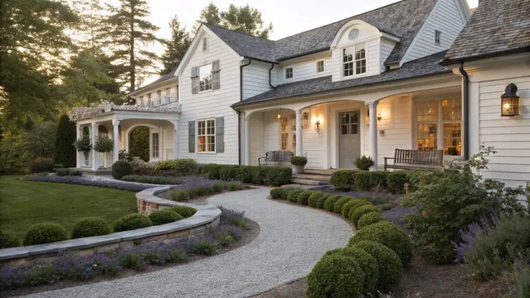 White clapboard house with wraparound porch and steps, approached by curved gravel path edged with spherical boxwood shrubs and lavender plants, lawn and trees in background at dusk.