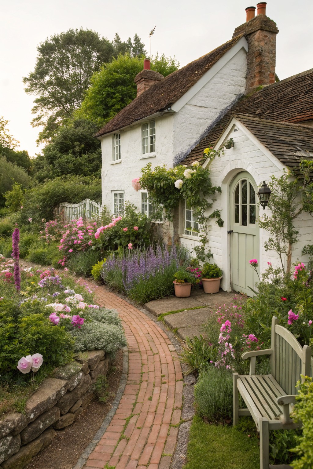 White cottage house with arched green door, climbing white roses on walls, pink flower beds, lavender plants, red brick path leading from stone wall to entry, wooden green bench, and surrounding greenery.