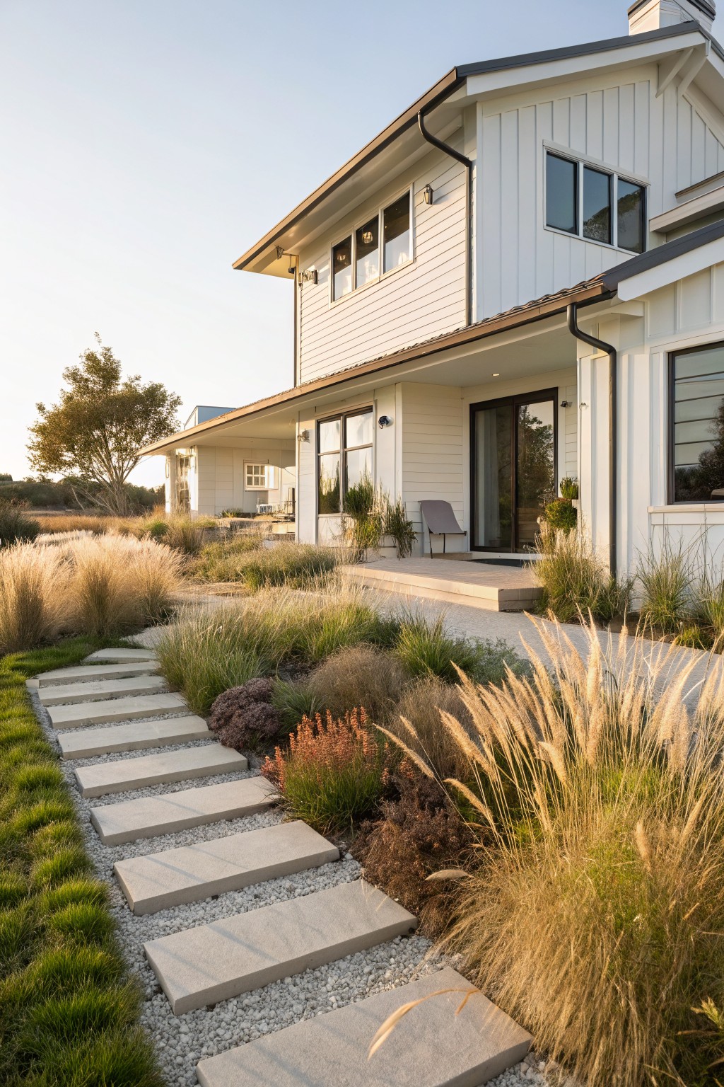 White board-and-batten house exterior at dusk with a covered porch, large concrete stepping stones in gravel forming a path through tall ornamental grasses, low plants, and groundcover leading to the entry.