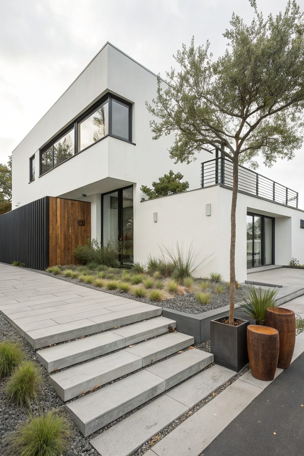 Modern white rectangular house exterior with black metal window frames, wood and glass entry area, concrete steps and pathway edged with ornamental grasses, gravel mulch beds, potted plants, and small trees.