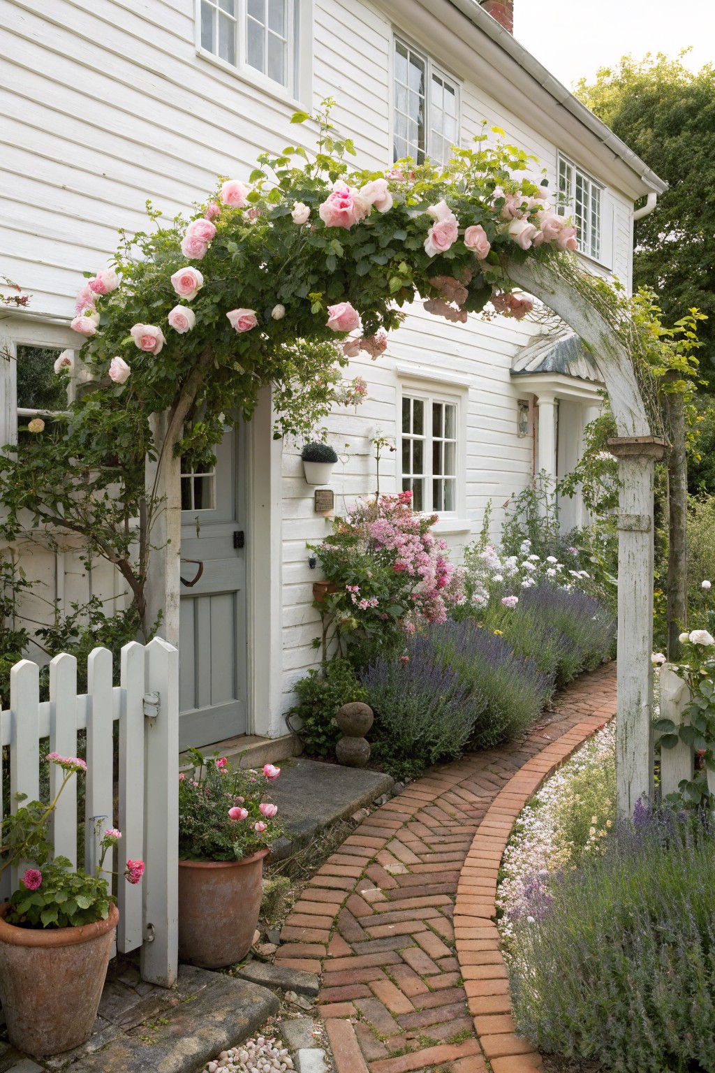 White clapboard house exterior with gray front door under a wooden arch covered in pink climbing roses, brick pathway, white picket fence, potted plants, and lavender borders.
