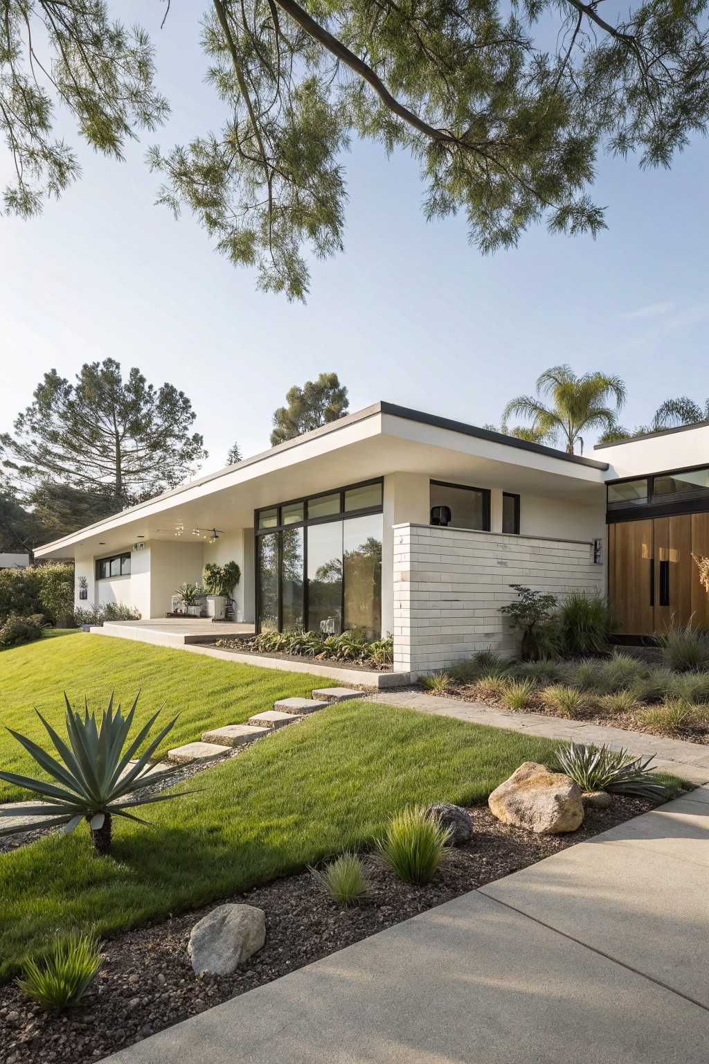 Modern white midcentury-style house with flat roof, large glass windows, brick accent wall, wooden entry doors, surrounded by green lawn, agave plants, stepping stones path, grasses, boulders, and trees.