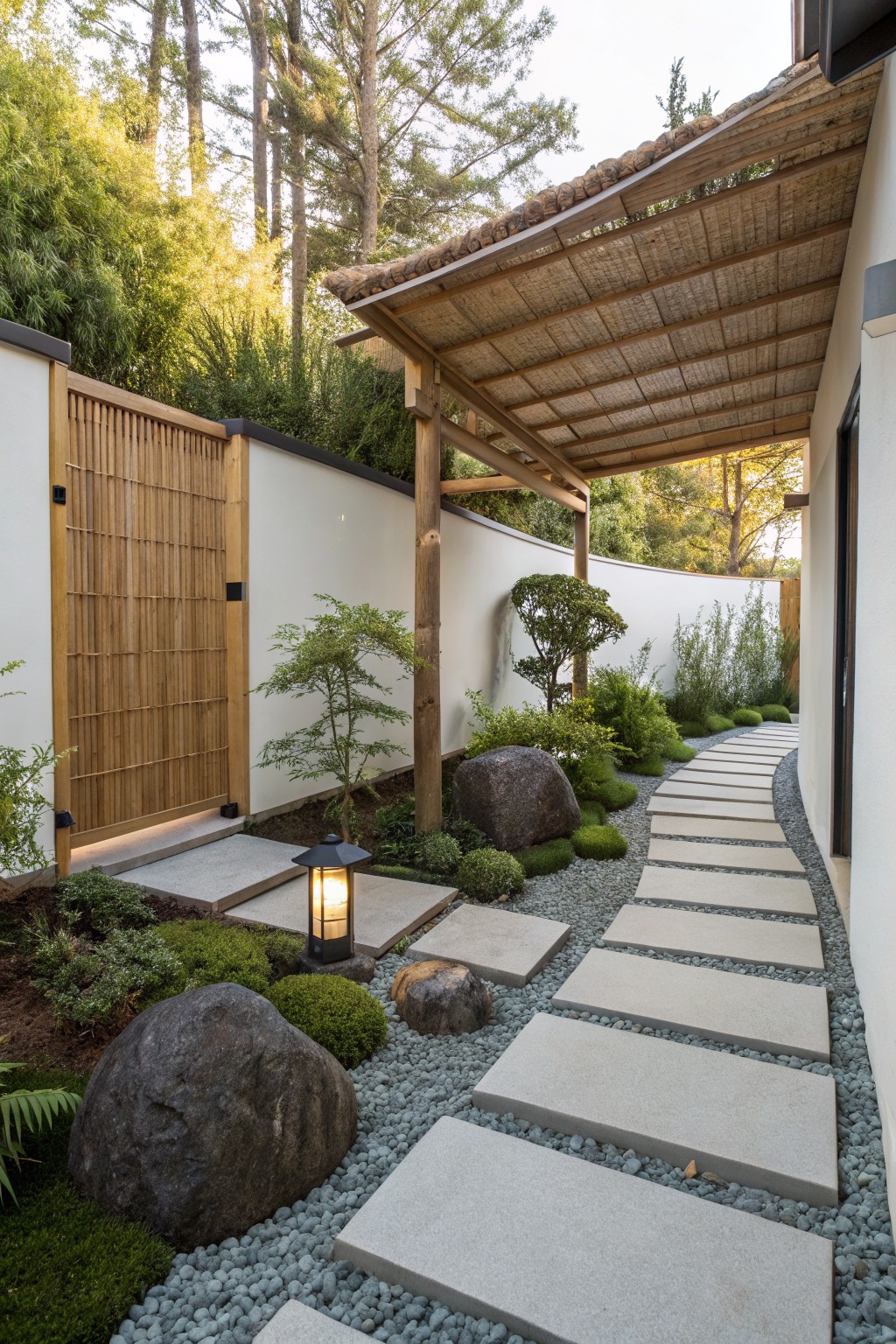 Curving pathway of large rectangular gray stone slabs embedded in gray gravel ground cover, bordered by mossy boulders, low green shrubs, bonsai trees, and a lit stone lantern, alongside a white curved wall, bamboo screen gate, and thatched roof overhang.