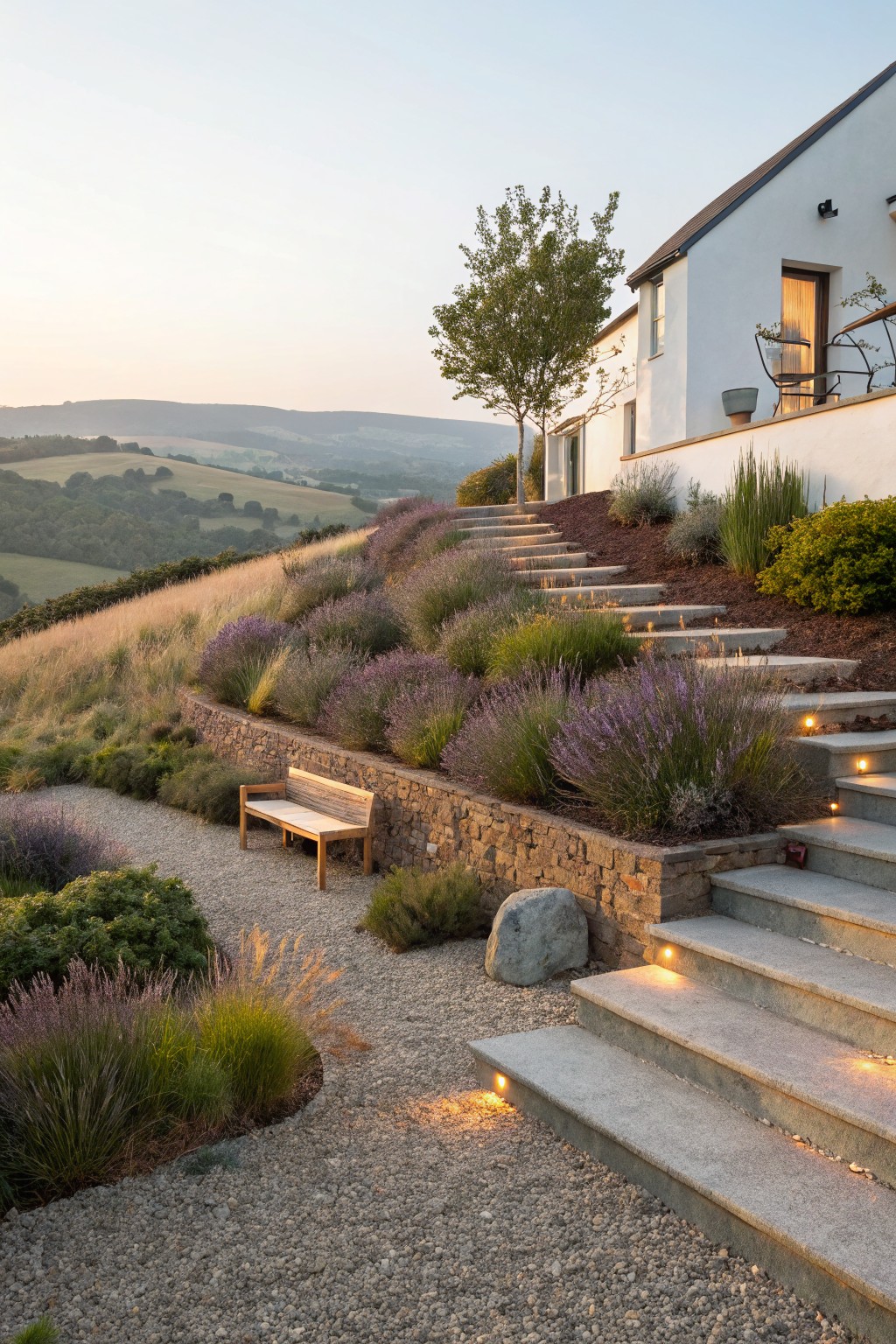 Wide concrete steps ascending a hillside to a white house, flanked by dense lavender bushes and ornamental grasses, with stone retaining walls, gravel path, wooden bench, and distant rolling fields at dusk.