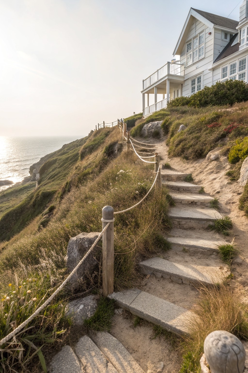 White clapboard house on a grassy coastal cliff overlooking the ocean, with stone steps and rope handrails winding up the slope.