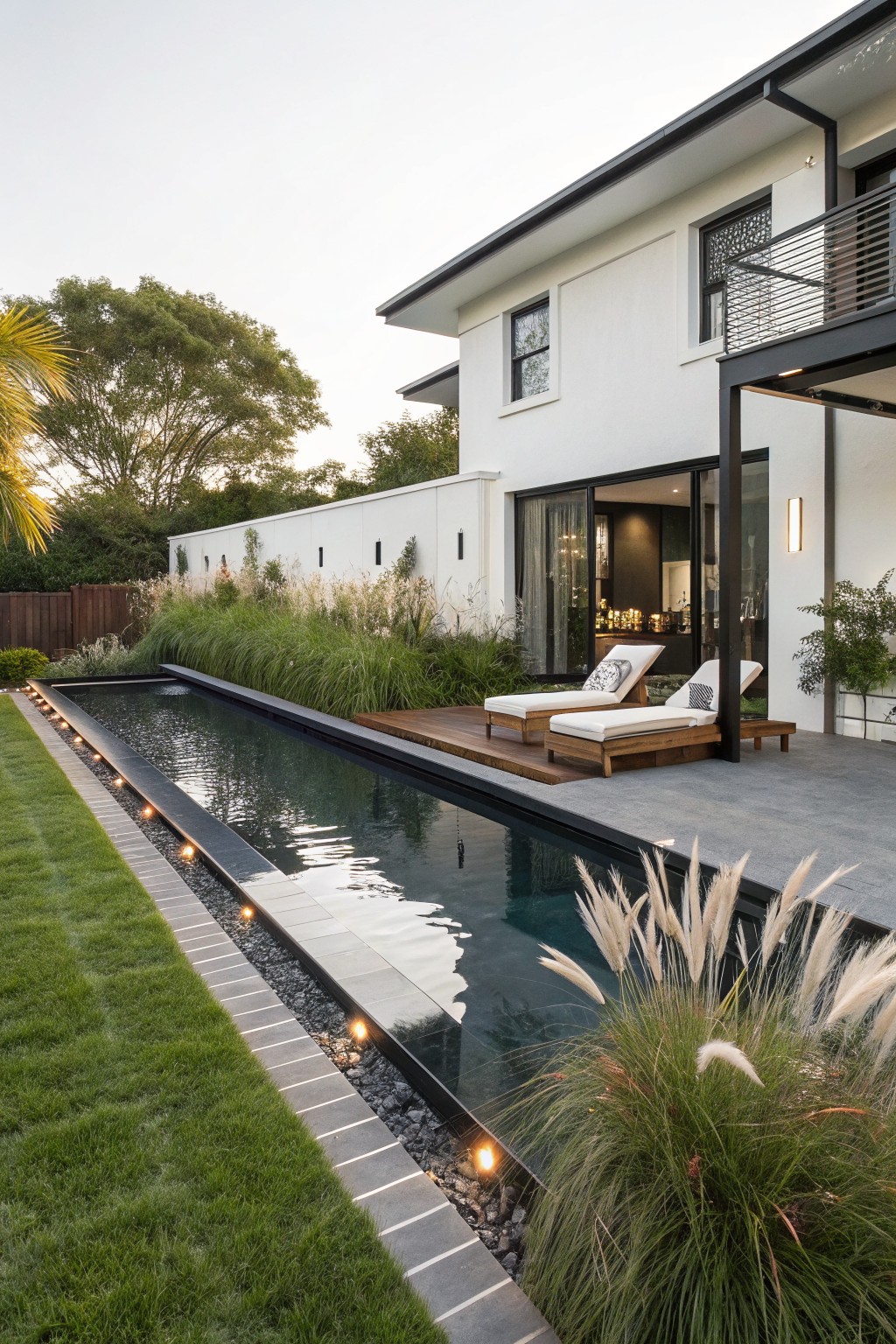 Long narrow black pool with edge lighting along one side, flanked by tall pampas grasses and green lawn, wooden deck with two loungers, next to a modern white house exterior.