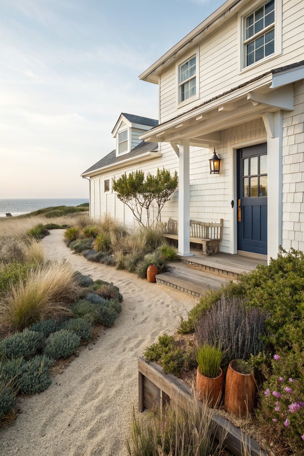 White shingled beach house with navy blue front door and wooden porch, approached by a curving sandy path edged with dune grasses, shrubs, and potted plants, ocean visible in background.