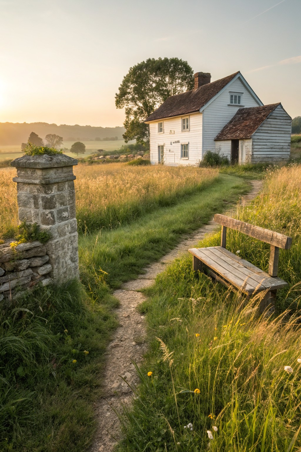 White clapboard house with red-tiled roofs at the end of a curving stone path through tall golden grasses, with a weathered wooden bench on the path and a stone pillar gatepost nearby, under a sunset sky.