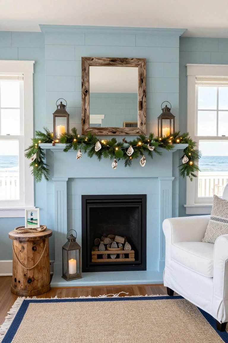Blue shiplap fireplace mantel decorated with evergreen garland strung with oyster shells and fairy lights, flanked by metal lanterns, with ocean view through white-framed windows and a white armchair nearby.