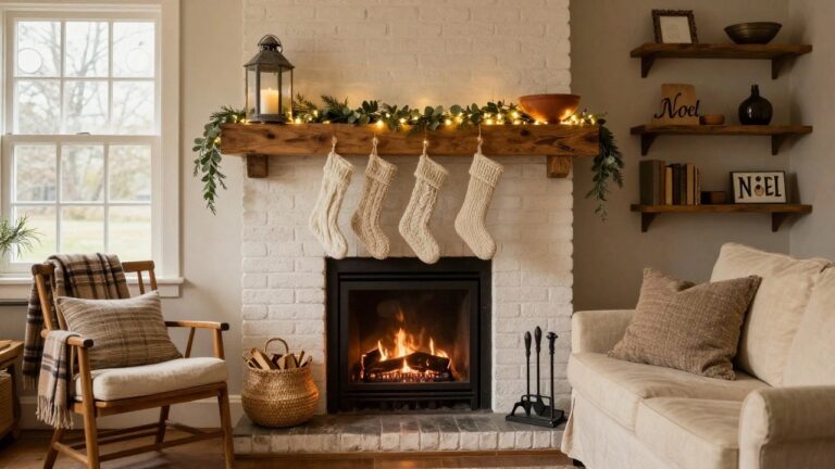White brick fireplace with a rustic wood beam mantel draped in lit evergreen garland and eucalyptus, three white knit stockings hanging from it, two metal lanterns with candles on each side, a burning fire inside, and cozy living room furniture nearby.