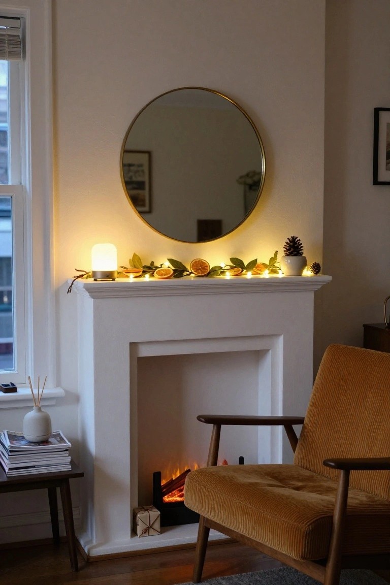 White fireplace mantel decorated with garland of dried orange slices, green leaves, fairy lights, and small pinecones, beside a glowing lamp, orange velvet armchair, side table with magazines, and electric fireplace flames.