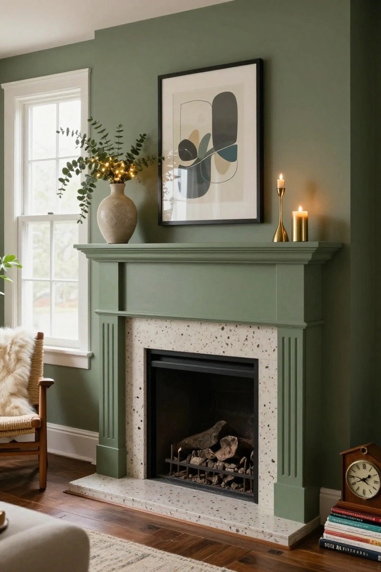 Sage green fireplace mantel with a vase of eucalyptus branches wrapped in fairy lights, flanked by gold candlesticks and a lit candle, abstract art above, in a green-walled room with a white window, sheepskin chair, and wood floor.