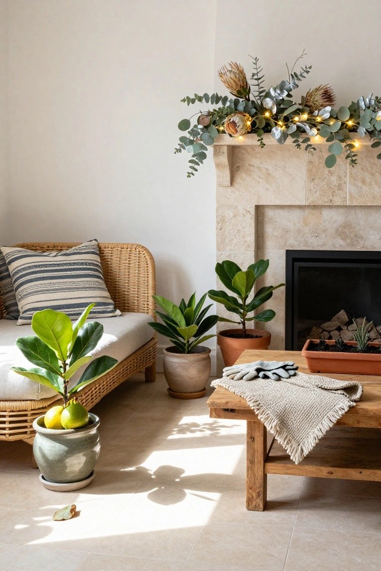 Stone fireplace mantel decorated with layered eucalyptus garland, protea flowers, metallic leaves, and fairy lights, in a light room with rattan sofa, potted plants, wooden coffee table, and terracotta pots.