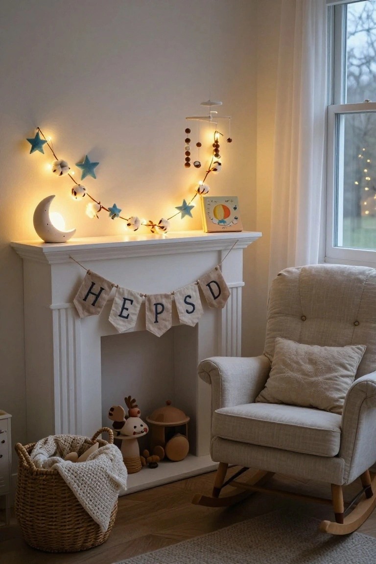 Glowing Garland on a Nursery Mantel