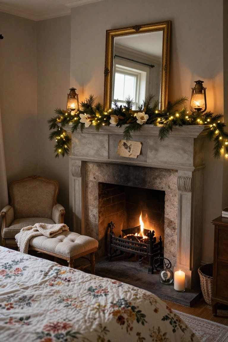 Stone fireplace mantel in a neutral bedroom corner decorated with pine garland, white flowers, fairy lights, two lanterns, and a paper note with bird image, fire burning inside, upholstered chair with ottoman and floral bed nearby.