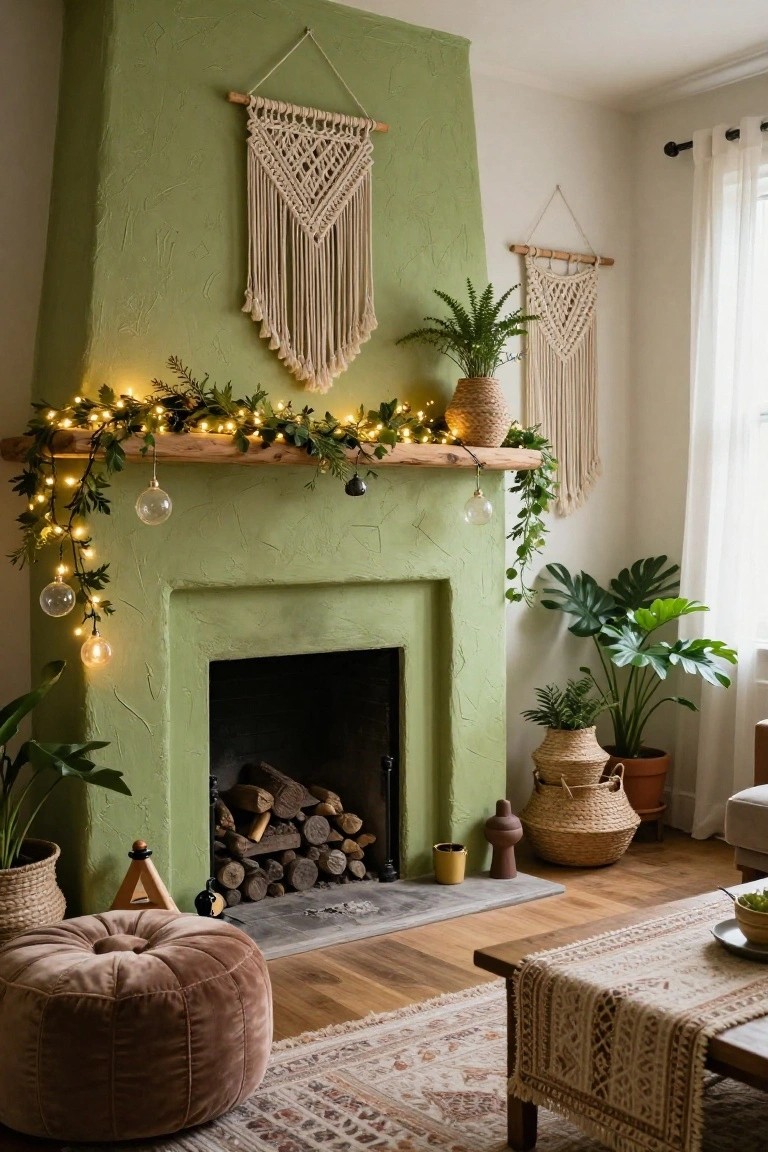 Glowing Garland on a Textured Green Mantel