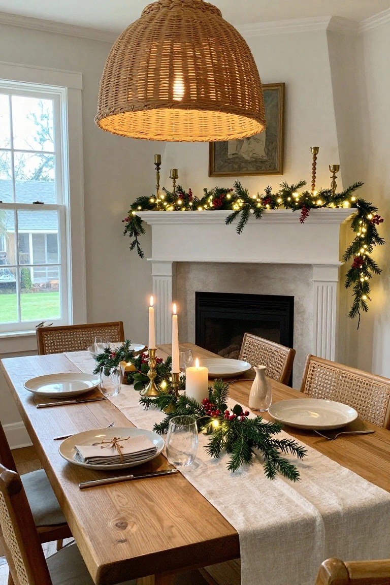 White fireplace mantel in a dining room decorated with evergreen garland strung with white fairy lights and red berries, wooden table below set with white plates, linen runner, candles, and rattan chairs.