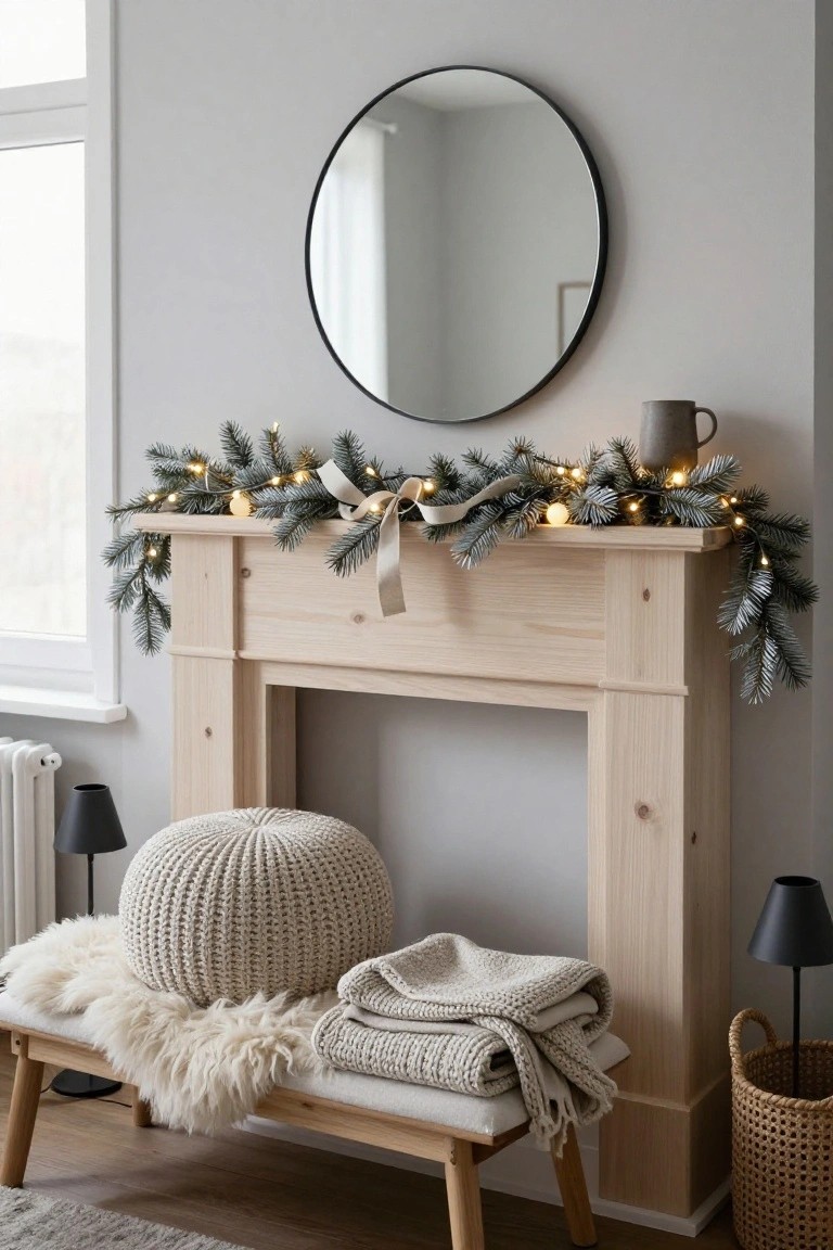 Light pine wood fireplace mantel decorated with fairy-lit evergreen garland and white ribbons, round black mirror above, wooden bench with sheepskin rug, knit pouf, pillows, and throws below in pale gray room with black lamps.