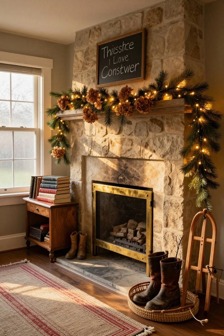 Stone fireplace mantel in a living room decorated with pine garland strung with fairy lights, dried hydrangea blooms, and a framed chalkboard sign reading 