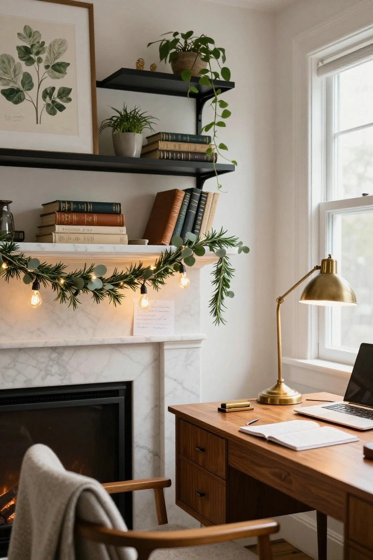 Interior corner of a room featuring a marble fireplace mantel decorated with a garland of eucalyptus, rosemary, and string lights with Edison-style bulbs, beside wooden shelves with books and plants, a desk with laptop, and an armchair.