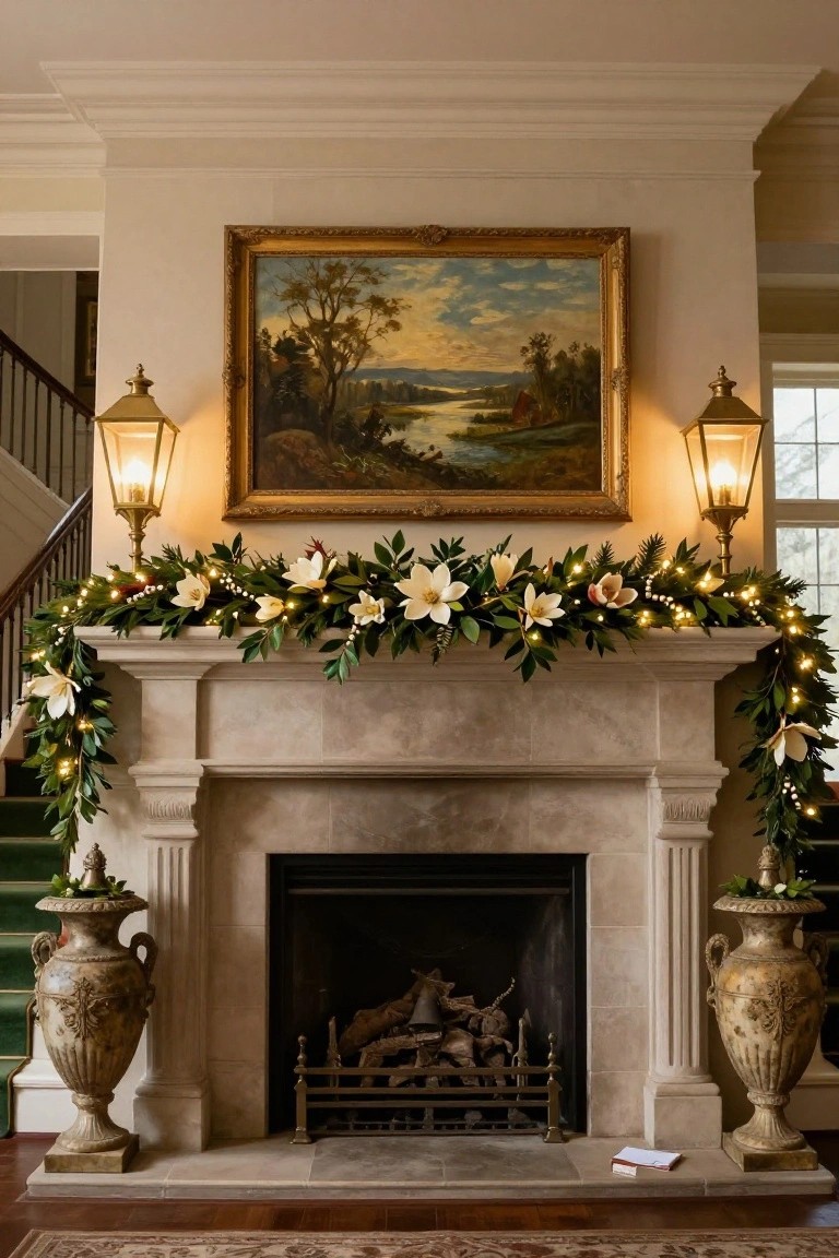 Stone fireplace mantel in a formal interior decorated with a garland of green leaves, white magnolia flowers, and white fairy lights, flanked by large urns and with a landscape painting and lanterns above and nearby.
