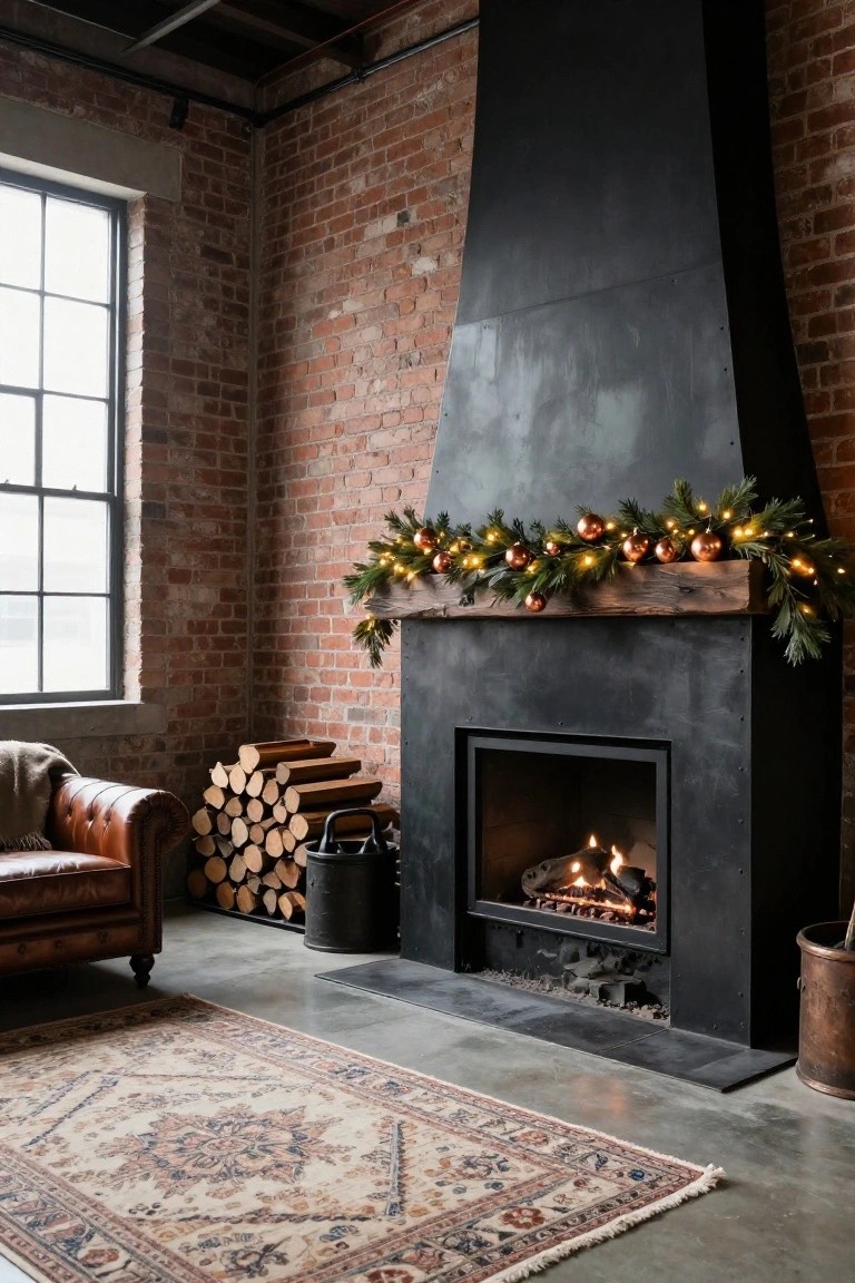Exposed brick interior room featuring a black steel fireplace with wooden mantel beam decorated by evergreen garland, fairy lights, and copper ball ornaments, alongside a leather armchair, firewood stack, metal bucket, and patterned rug on concrete floor.