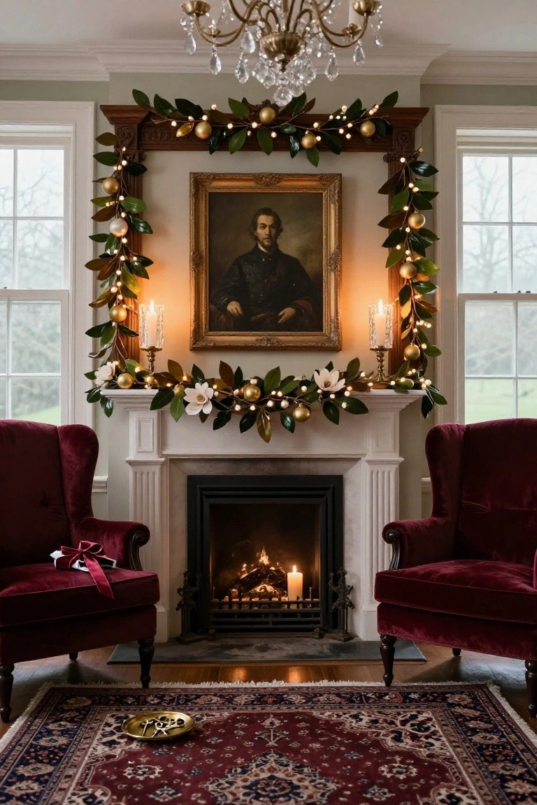 Living room fireplace mantel decorated with green magnolia garland, gold ornaments, fairy lights, and white gardenia flowers draped around a gold-framed portrait of a man in formal attire, with red velvet wingback chairs on either side and a Persian rug on the floor.