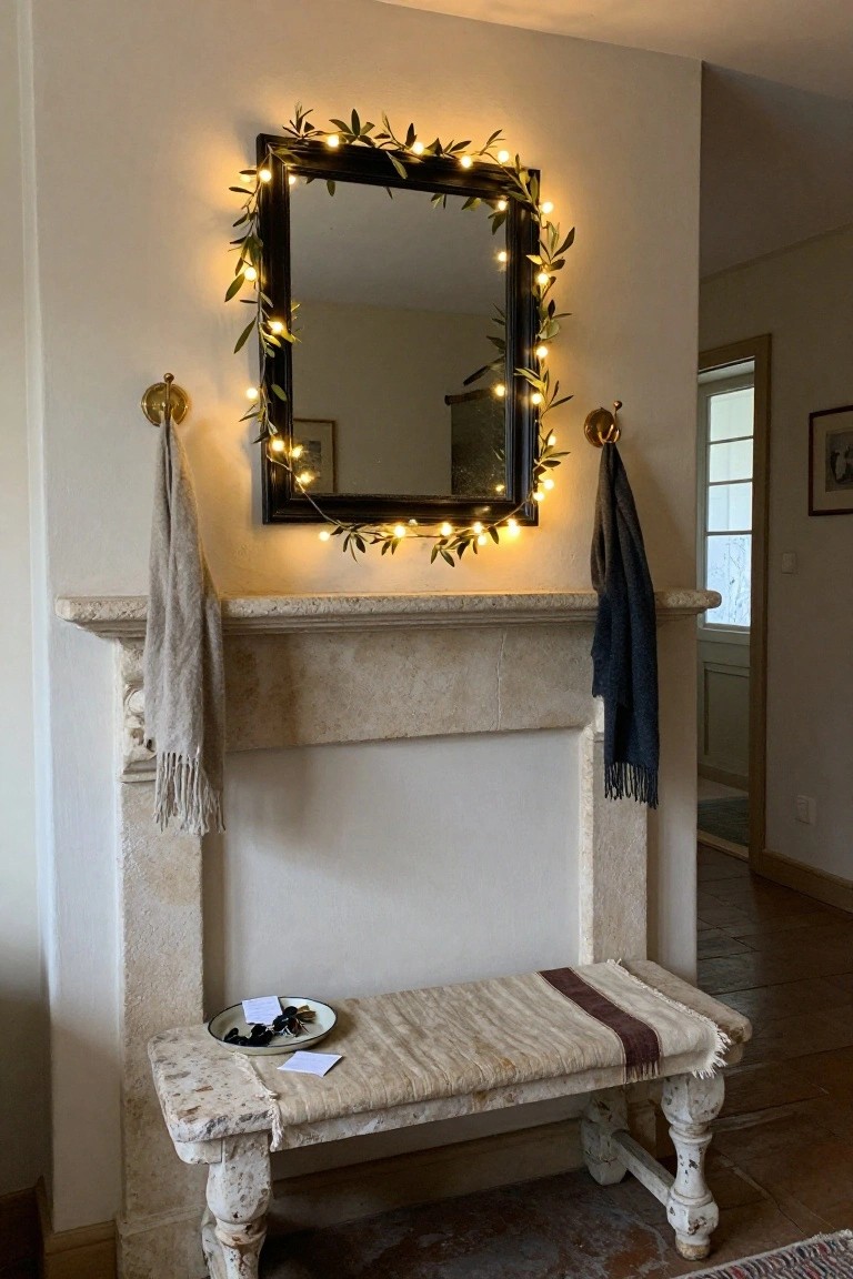 Black-framed oval mirror above a beige stone fireplace mantel, framed by olive leaf garland with warm string lights, flanked by brass hooks with hanging scarves, wooden bench below holding a dish of keys and notes.