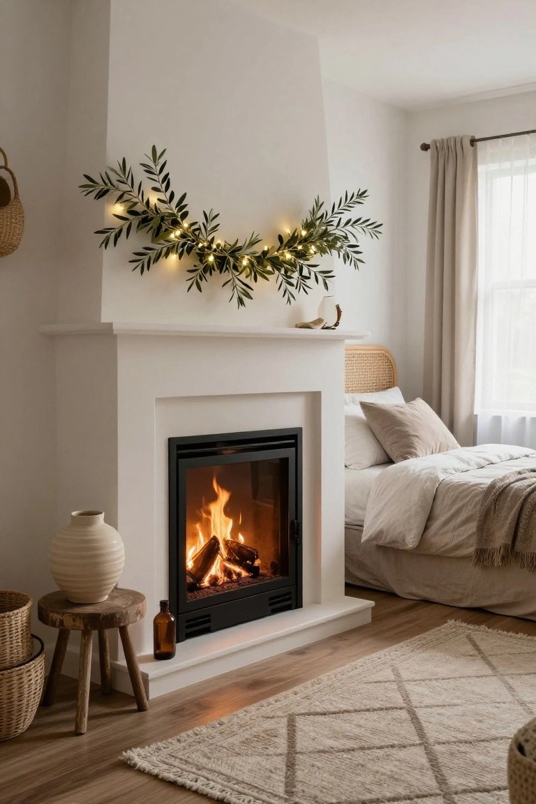 Cozy bedroom interior with white fireplace burning, olive branch garland strung with warm fairy lights along the mantel, rattan headboard bed with neutral linens, woven baskets and stool nearby on wood floor.