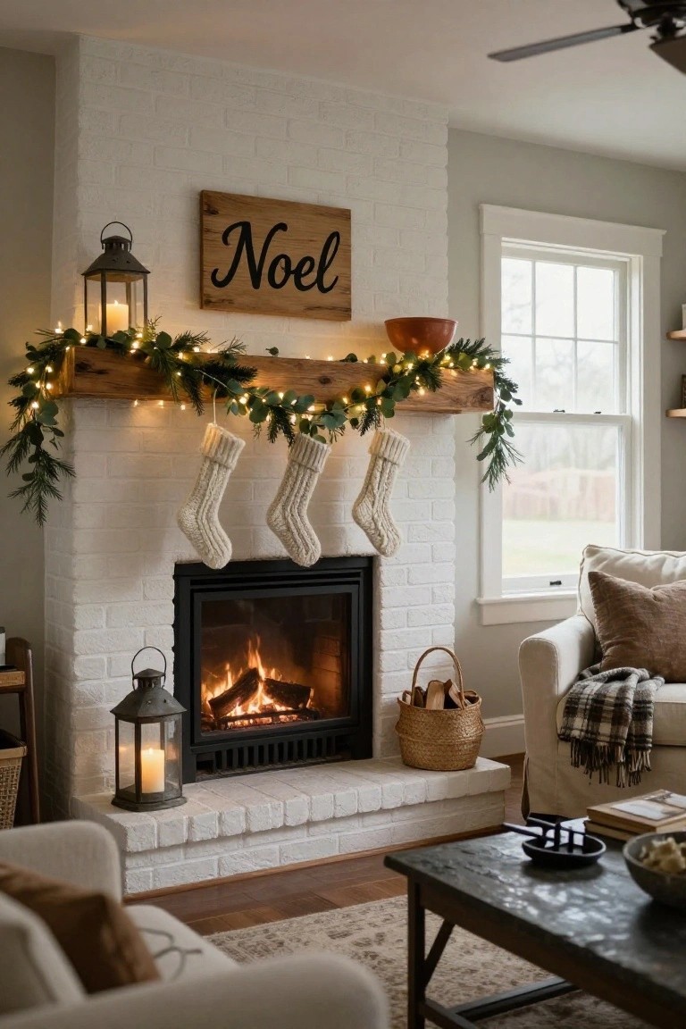 White brick fireplace with a rustic wood beam mantel draped in lit evergreen garland and eucalyptus, three white knit stockings hanging from it, two metal lanterns with candles on each side, a burning fire inside, and cozy living room furniture nearby.