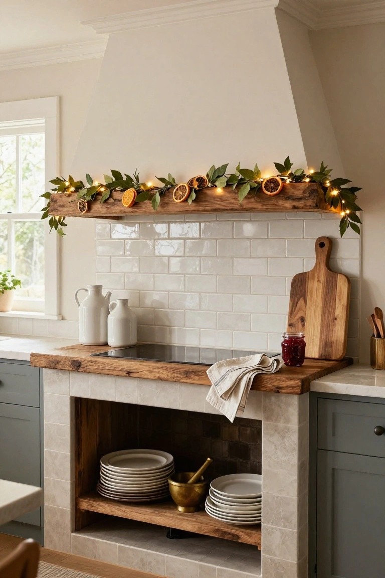 Kitchen with white subway tile backsplash and wooden counter, featuring a distressed wood shelf garland of dried orange slices, green leaves, and fairy lights above an induction cooktop, with white pitchers, wooden cutting board, and stacked plates below.