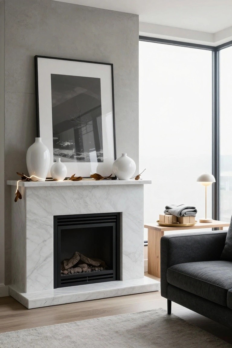 Modern living room fireplace with white marble mantel holding white ceramic vases, glowing string lights with brown leaves, and small branches, black-framed photo on gray wall above, gray sofa and wood side table nearby, large corner window with light wood floors.