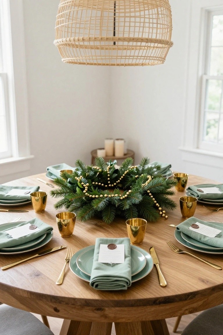 Round wooden dining table set with green plates, gold flatware and cups, green napkins with wax seals, and central evergreen garland with gold beads and candles, under rattan pendant light in white room.