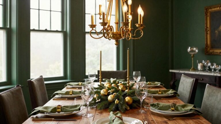 19 Green and Gold Christmas Table Decor Ideas for Luxe Holiday Style Wooden dining table with a long central runner of evergreen branches and gold Christmas ornaments, set with white plates, green napkins, crystal glasses, and flanked by wooden chairs in a green-walled room under a brass chandelier.