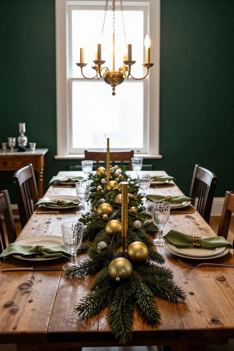 Wooden dining table with a long central runner of evergreen branches and gold Christmas ornaments, set with white plates, green napkins, crystal glasses, and flanked by wooden chairs in a green-walled room under a brass chandelier.