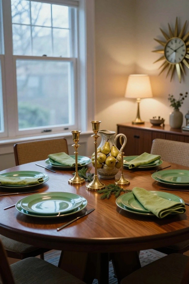 Close-up of a round wooden dining table set for six with green plates and napkins, gold candlesticks, evergreen sprigs, and a white jug of gold pears in the center, in a light beige room with window and mid-century furniture.