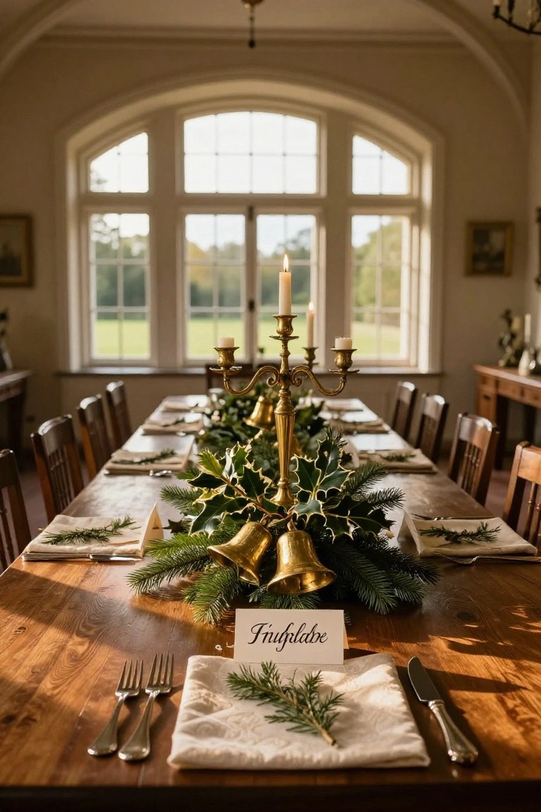 A long wooden dining table set for Christmas with a central gold candelabra holding candles and bells amid holly and evergreen branches, flanked by wooden chairs and white napkins with place cards in an arched interior room.