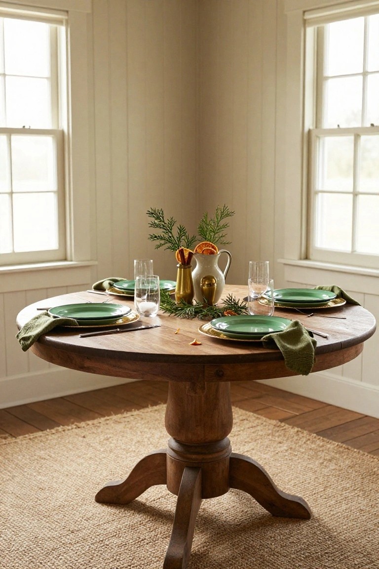 Round wooden pedestal table set for four in a light beige room, with green plates on gold chargers, green napkins, clear glassware, and a centerpiece of greenery, oranges, and a white pitcher.