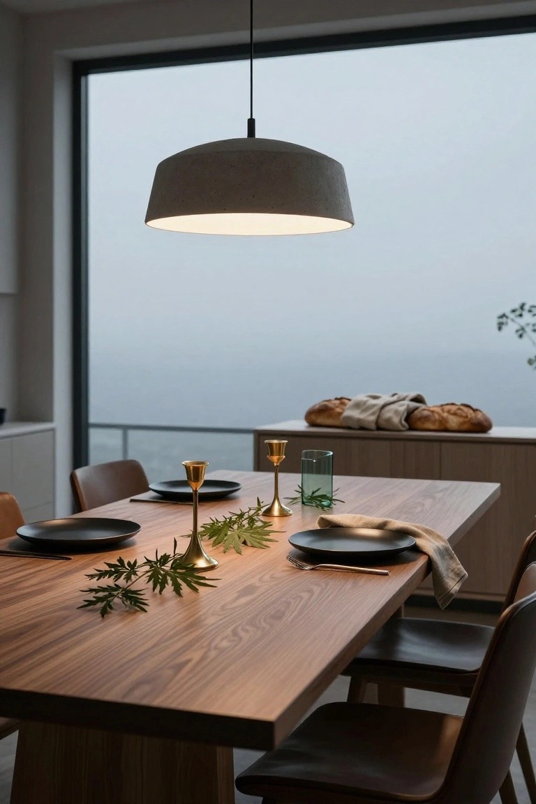 Wood dining table with black plates, gold candlesticks amid green foliage branches, linen napkins, glasses, and bread loaf on nearby counter, under gray pendant light near large window with misty sea view.