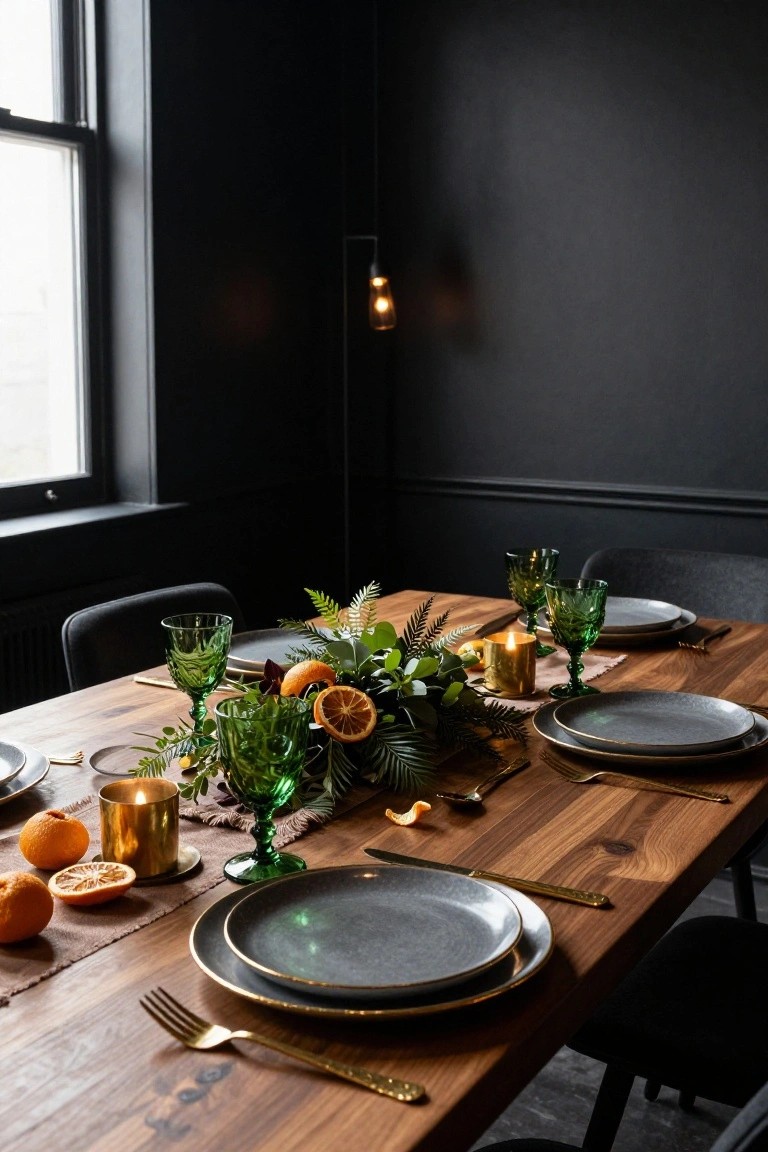 Dining table in a black-walled room with emerald green textured glasses, gold flatware, gray plates, orange slices, ferns, and brass candles on a wooden surface.