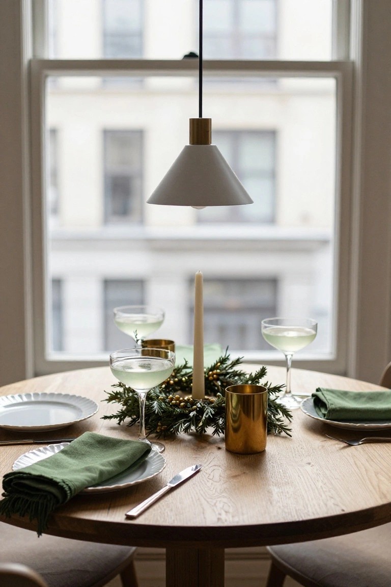 Round wooden dining table set for holiday meal with low greenery wreath centerpiece holding candles and gold cup, white plates with green napkins, glasses of pale green cocktails, under white pendant lamp by window.