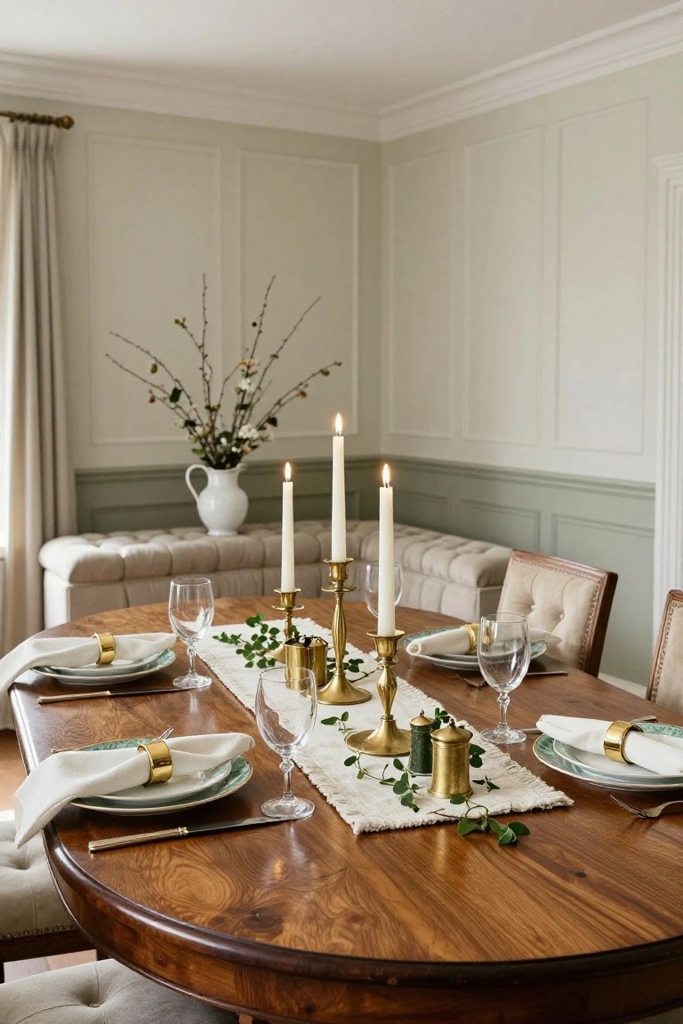 Round wooden dining table set for a meal with white fringed runner topped by green eucalyptus leaves, multiple gold candelabras holding lit white taper candles, white plates with green edges, gold napkin rings, wine glasses, and chairs with beige tufted seats in a cream and pale green paneled room.